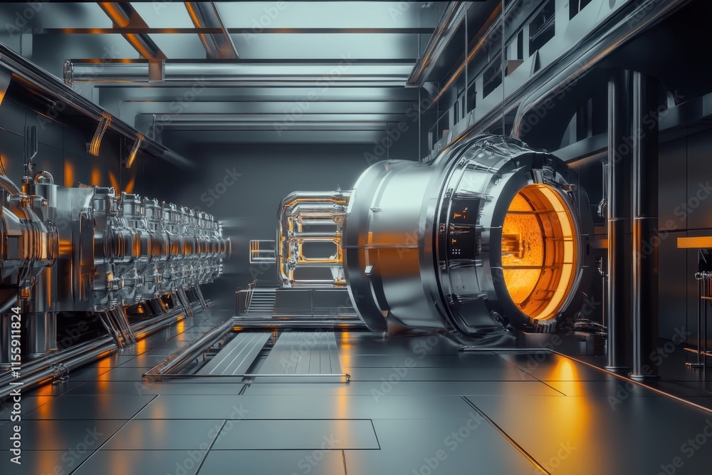 High-tech machinery in a futuristic industrial facility during evening hours High-tech machinery in a futuristic industrial facility during evening hours