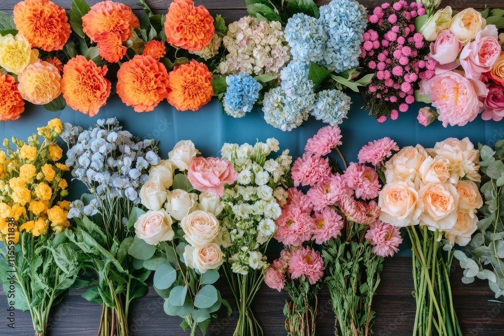 Fototapeta premium Colorful flower arrangement with assorted blooms on a blue table against a textured backdrop