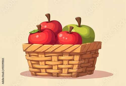 Rustic Woven Basket with Red and Green Apples in Whimsical Cartoon Style