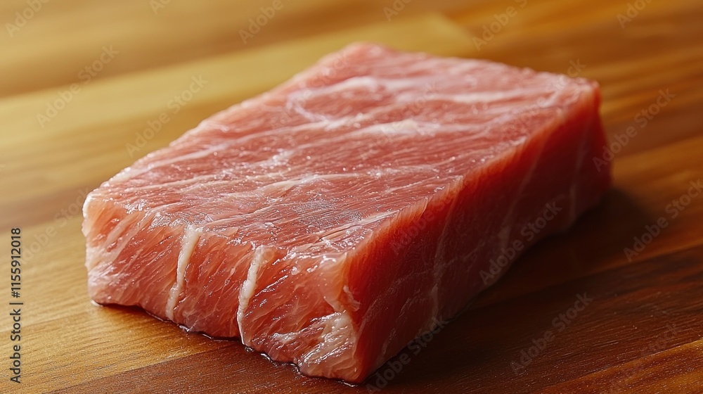 Fresh, raw tuna block on a wooden cutting board. Fresh, raw tuna block on a wooden cutting board.