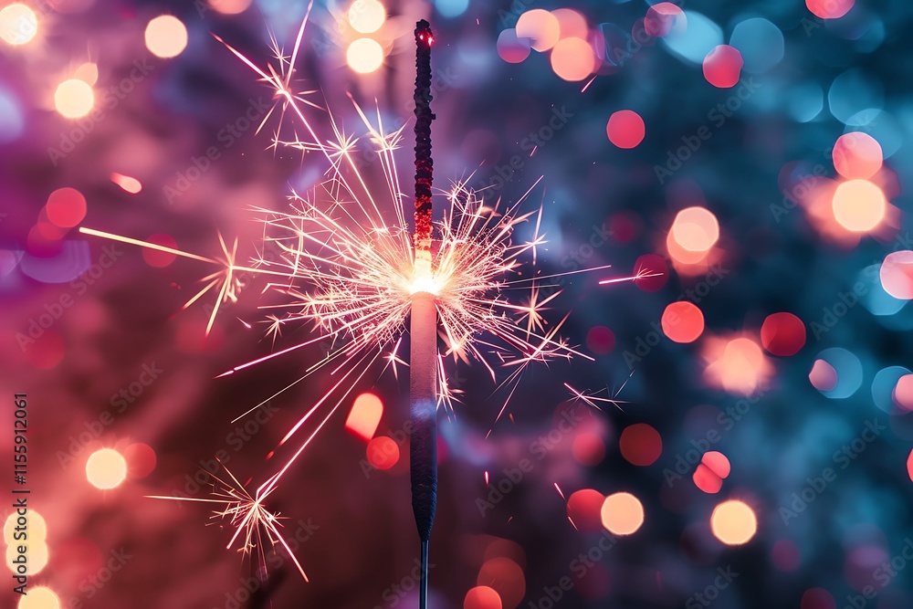 Obraz premium A sparkler burning in front of a backdrop of fireworks in the night sky.
