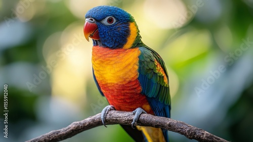 Colorful tropical bird perched on a branch in lush greenery