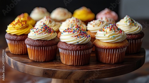 Delicious cupcakes decorated with colorful frosting and sprinkles on a wooden...