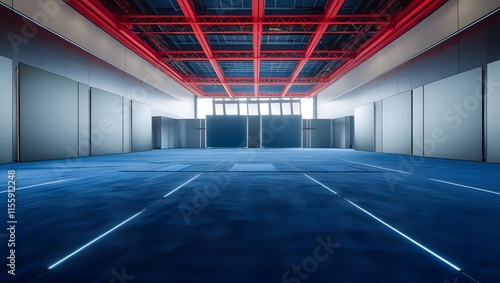 Modern exhibition stage with large blank screens, blue carpeted floor, and red ceiling beams in a spacious indoor hall.