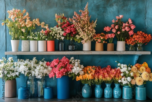 Colorful flower arrangement with assorted blooms on a blue table against a te...