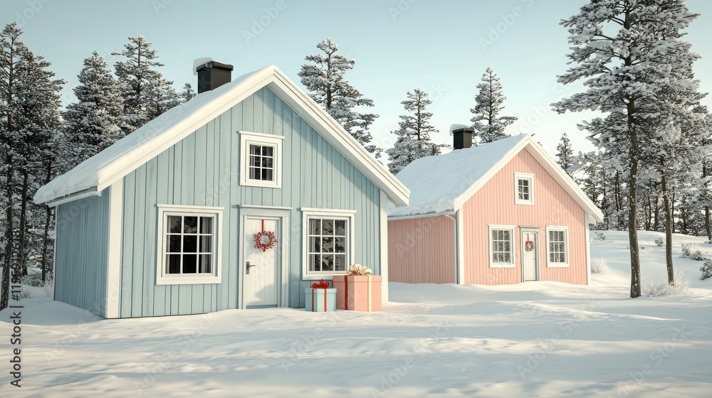 Charming winter homes nestled in snow with surrounding trees, showcasing a serene and picturesque landscape. Charming winter homes nestled in snow with surrounding trees, showcasing a serene and picturesque landscape.