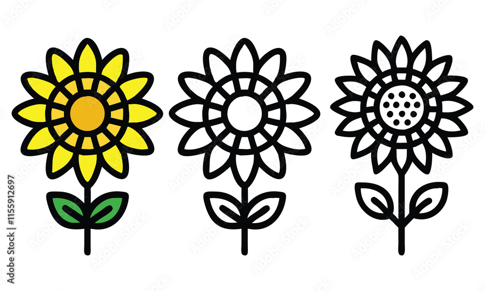 Sunflower Illustration Set with Outline Variations, Vector illustration set featuring three sunflower designs, including a vibrant yellow version and two black-and-white outlines, ideal for creative p Sunflower Illustration Set with Outline Variations, Vector illustration set featuring three sunflower designs, including a vibrant yellow version and two black-and-white outlines, ideal for creative p