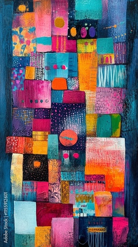 Colorful abstract artwork with geometric shapes and vibrant patterns on canvas