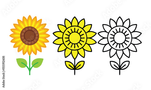 Sunflower Trio: Colorful and Outline Variations, Vector set of three sunflower illustrations featuring a detailed colorful design, a simplified yellow version, and a black-and-white outline, perfect f