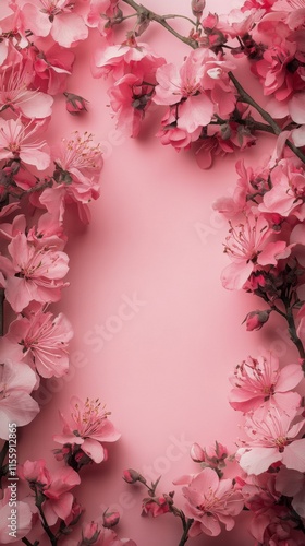 Vibrant pink cherry blossoms framing a soft pink background in spring