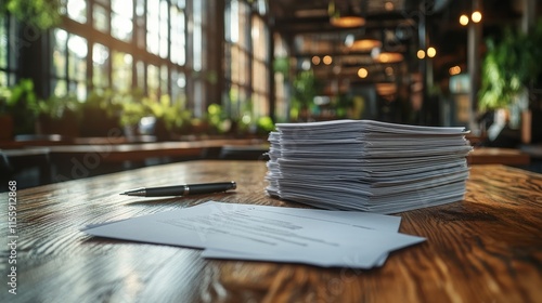Stack of papers and a pen on a wooden table inside a bright, modern cafe with...