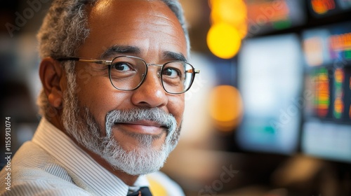 Trader focused on financial data analysis in a busy stock market environment ...