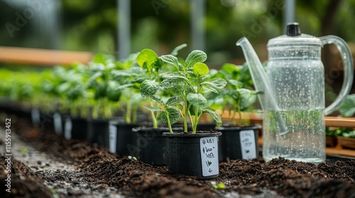 Community garden featuring thriving green plants in small pots during sunny a...