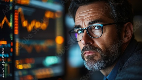 Trader focused on financial data analysis in a busy stock market environment ...