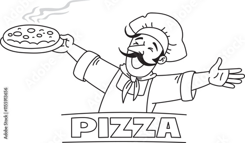 Funny chef with pizza. Emblem or logo design