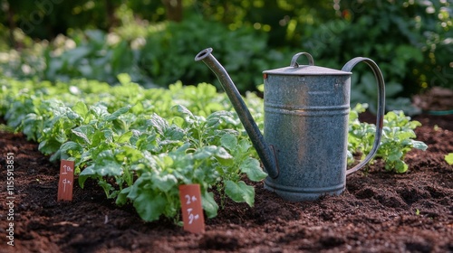 Community garden featuring thriving green plants in small pots during sunny a...