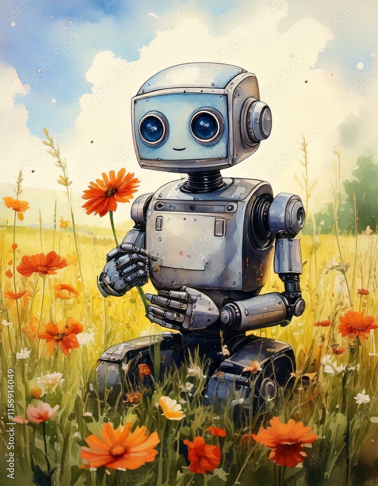 Watercolor robot sitting in a field of flowers, holding a single bloom with copy space Watercolor robot sitting in a field of flowers, holding a single bloom with copy space