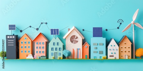 A blue background with a row of houses and a wind turbine. The houses are made of paper and the wind turbine is also made of paper