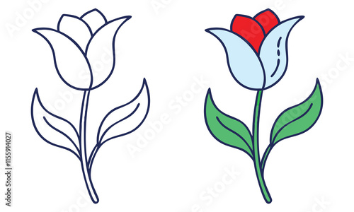 Blue and Red Tulip with Outline Version, Vector illustration of a tulip with blue petals and red accents, accompanied by a detailed black-and-white outline for design and coloring.
