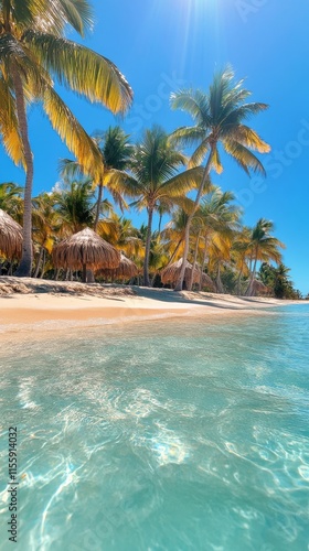 Tropical beach with clear blue water and palm trees on a sunny day by the shore