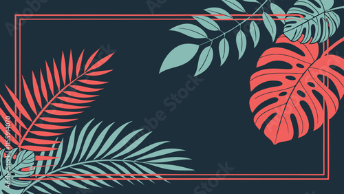 Summer beach night party dark banner template with tropical leaves and rectangular neon glowing frame with empty copy space. Palm tree and monstera foliage with red fluorescent rectangle border.