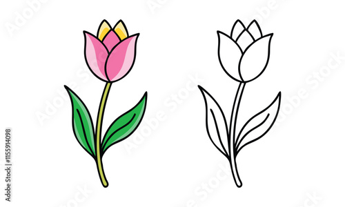Pink and Yellow Tulip with Outline Version, Vector illustration of a pink tulip with yellow accents and green leaves, paired with a black-and-white outline for coloring projects.
