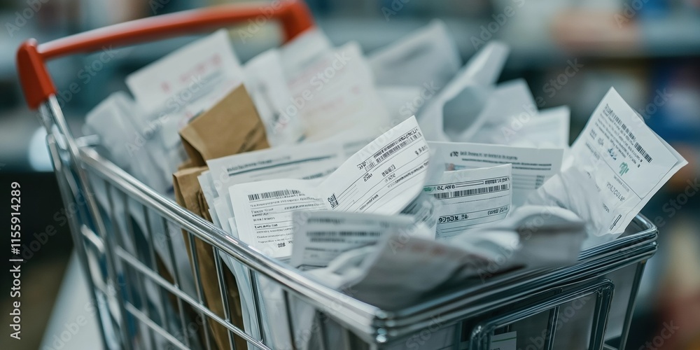 A shopping cart full of receipts. The receipts are all different sizes and colors. The cart is overflowing with receipts, and it is a disorganized mess A shopping cart full of receipts. The receipts are all different sizes and colors. The cart is overflowing with receipts, and it is a disorganized mess