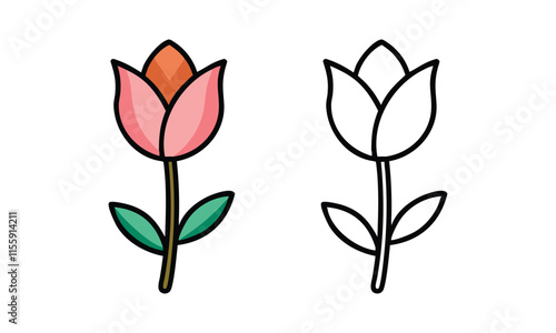 Pink Tulip Illustration with Outline Version, Vector illustration of a pink tulip with green leaves and a matching black-and-white outline, perfect for creative projects and coloring. 