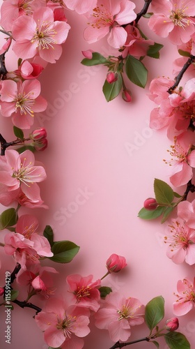 Vibrant pink cherry blossoms framing a soft pink background in spring