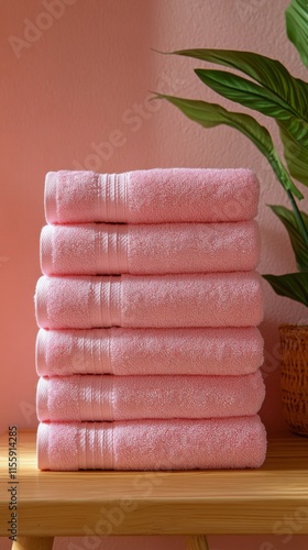 Soft pink towels neatly stacked on a wooden shelf beside a green plant in a c...