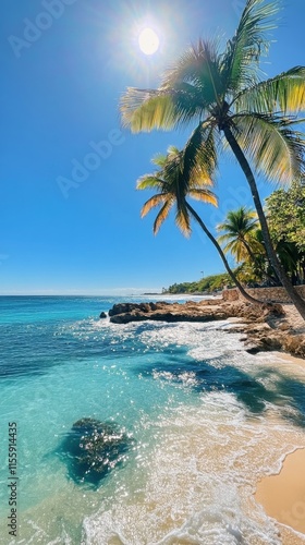 Tropical beach with clear blue water and palm trees on a sunny day by the shore
