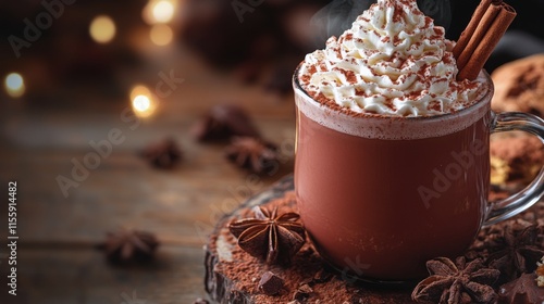 Warm seasonal beverage with whipped cream served in a cozy setting with autum...