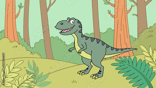 Cartoon prehistoric dinosaur or Allosaurus lizard in jungle forest, vector dino character. Prehistoric funny dinosaur lizard or Allosaurus from Jurassic era in forest park for kids paleontology dino