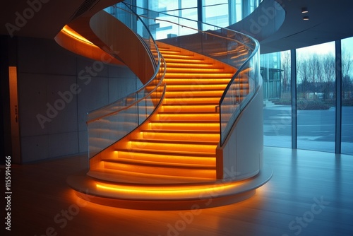 Unique spiral staircase illuminated with warm light in a modern architectural...