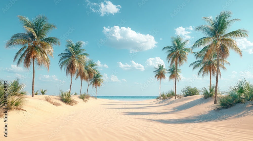 Tropical beach with palm trees and soft sand leading to the ocean. Tropical beach with palm trees and soft sand leading to the ocean.