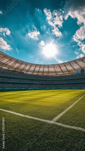 Vibrant stadium under a bright sky during a sunny day in a bustling sports at...