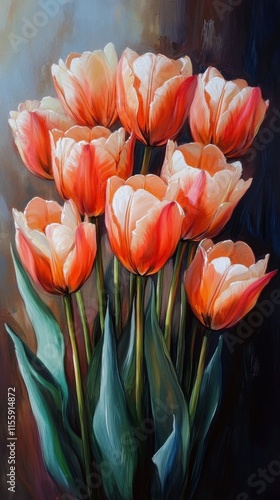 Vibrant bouquet of orange tulips on dark background showcasing natural beauty...