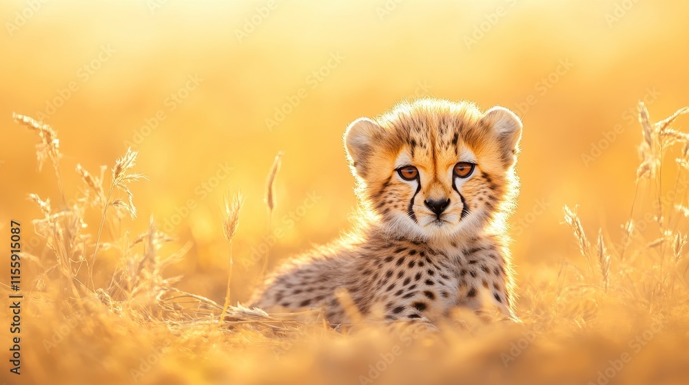 Obraz premium A young cheetah cub rests in a golden field, illuminated by warm sunlight, showcasing its distinctive spots and curious expression.