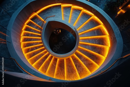 Unique spiral staircase illuminated with warm light in a modern architectural...