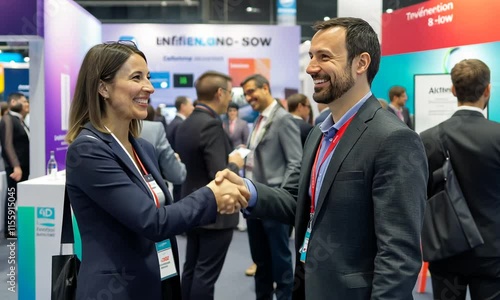 Businesspeople shaking hands at a trade show, networking and collaboration