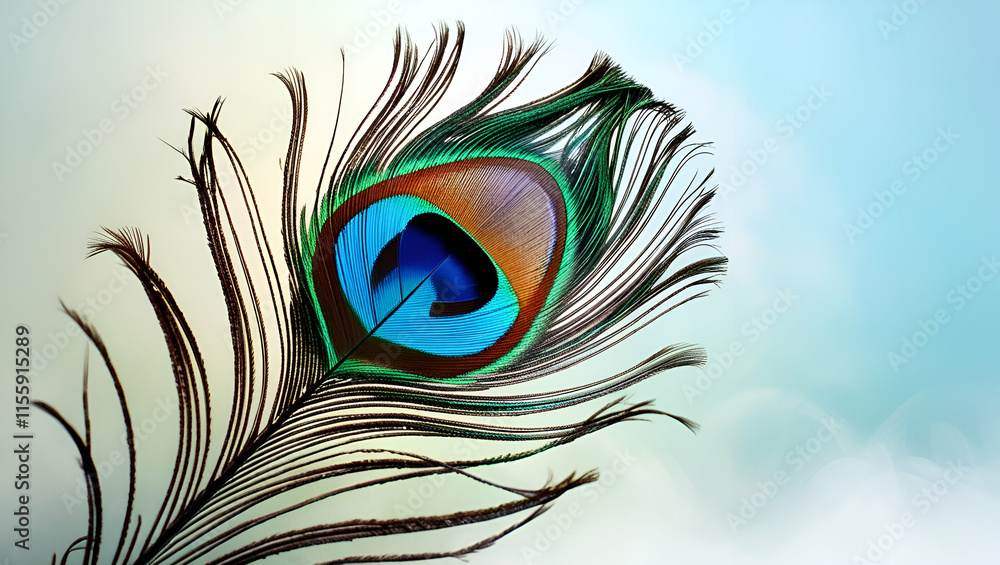 Obraz premium A detailed close-up of a vibrant peacock feather, with its brilliant iridescent colors, resting against a soft light blue background.