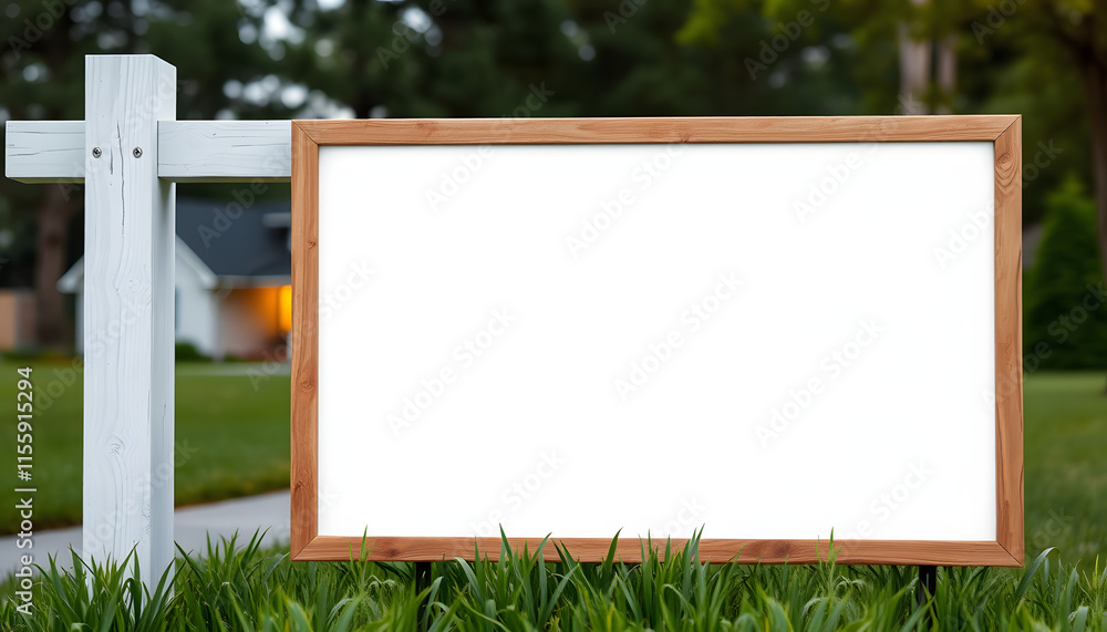 framed entrance sign with empty space for text. welcome blank sign in grass. the concept of houses and property for sale. mock up, Side lit. isolated with white shades