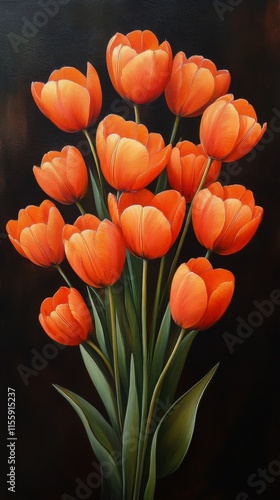 Vibrant bouquet of orange tulips on dark background showcasing natural beauty...