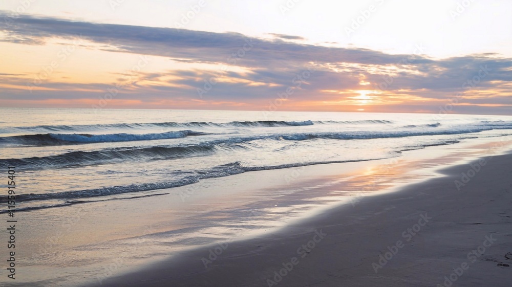 Fototapeta premium Golden sunset over a peaceful beach with gentle waves and soft sand