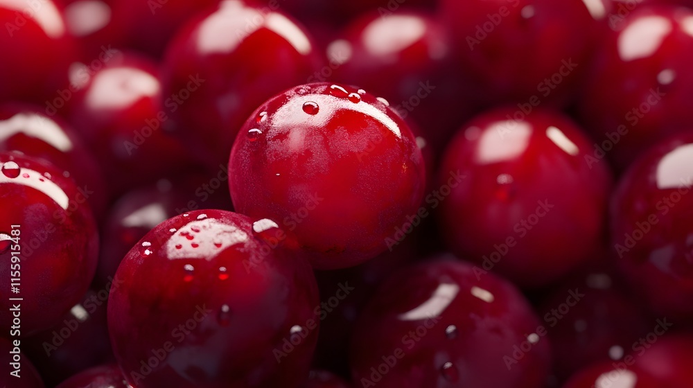 Close up image of many red cherries with water droplets