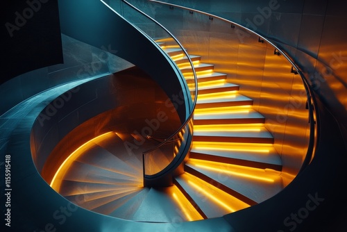 Unique spiral staircase illuminated with warm light in a modern architectural...