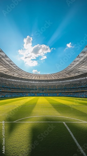 Vibrant stadium under a bright sky during a sunny day in a bustling sports at...
