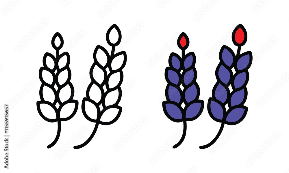 Purple and outline floral spike illustrations, A pair of floral spike designs featuring purple blossoms with red tips and matching black-and-white outline versions, showcasing simple elegance.
Purple and outline floral spike illustrations, A pair of floral spike designs featuring purple blossoms with red tips and matching black-and-white outline versions, showcasing simple elegance.