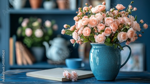 Beautiful arrangement of soft pink flowers in a blue vase in a cozy indoor se...
