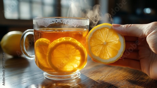 Warm cup of tea with lemon slice on a cold evening by the window